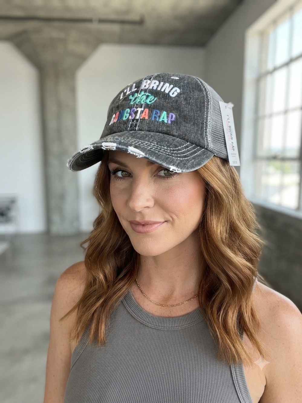 Distress “I’ll bring the against a rap hat. Trendy unisex accessories. 80” style